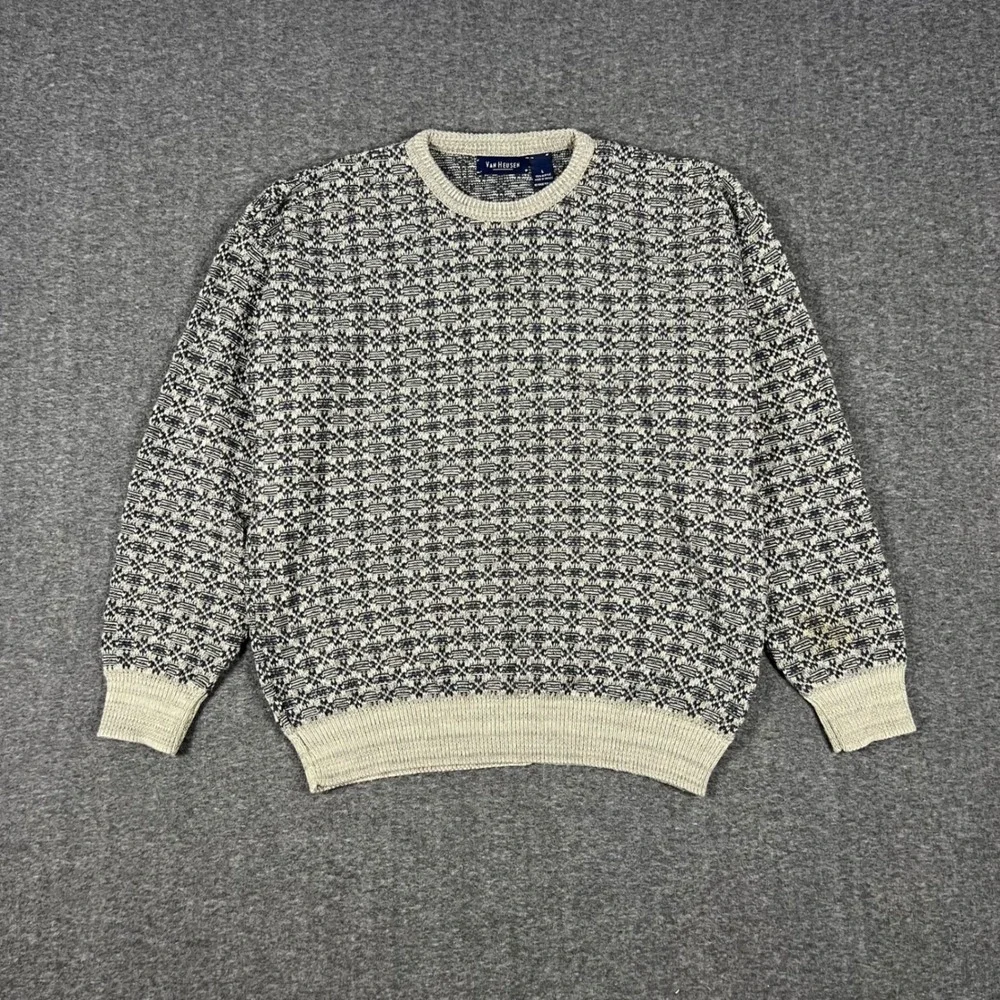 Van Heusen Chunky Sweater Mens Large Gray Blue Grandpa Fisherman Boxy Old Money